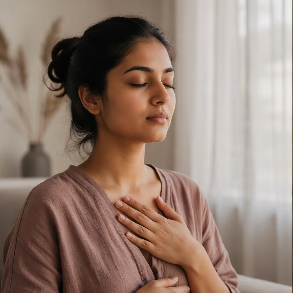 Serene Woman Breathing by Window Light