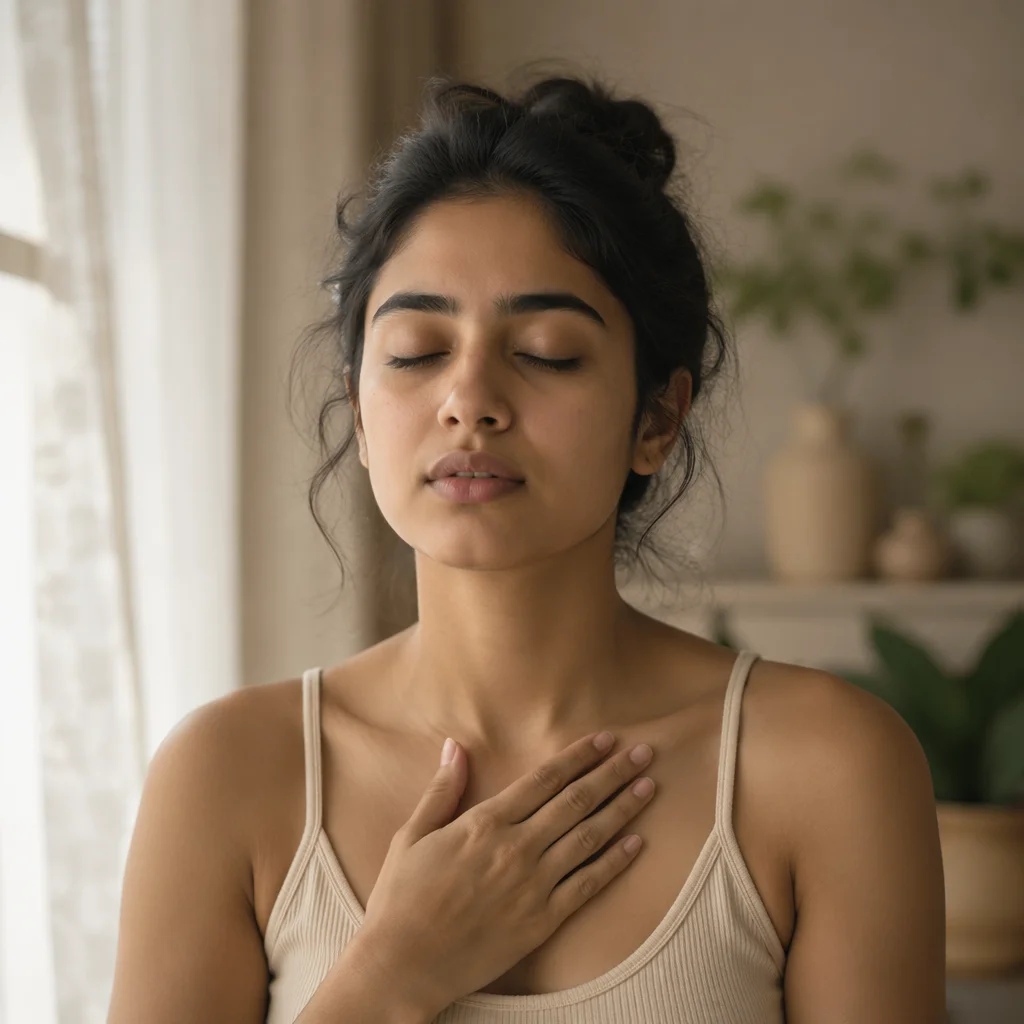 Serene Woman Breathing by Soft Window