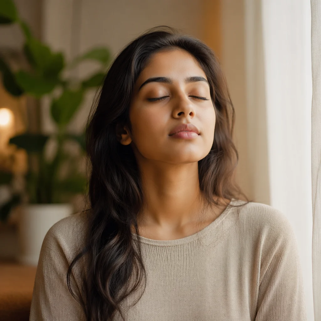 Calm Woman Breathing by Window