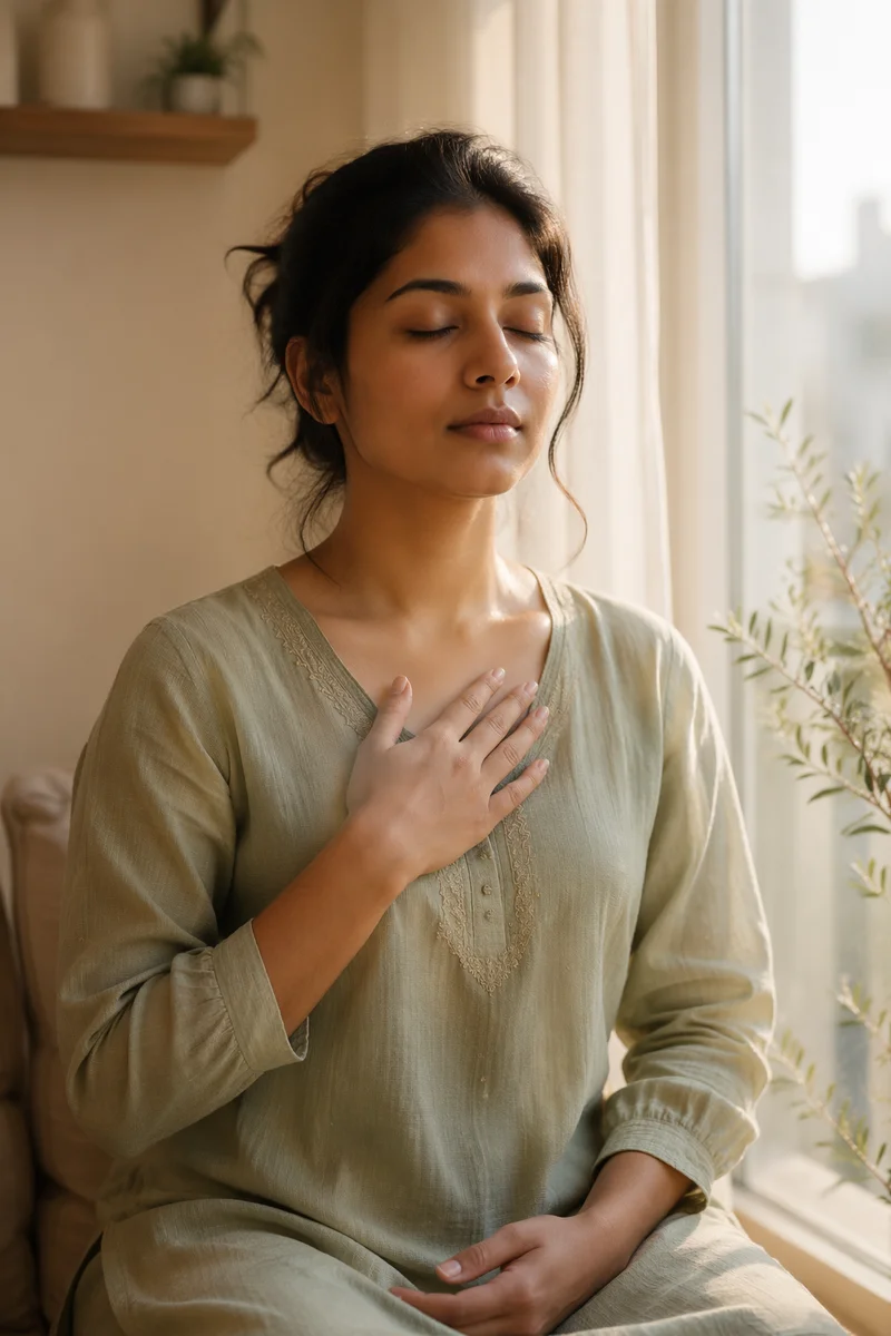 Calm Woman Practicing Mindful Breathing Indoors