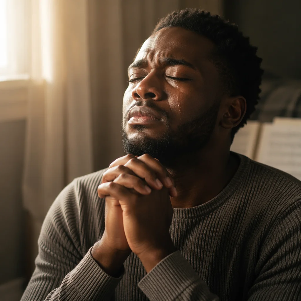 Tearful Prayer Close-Up Portrait by Window