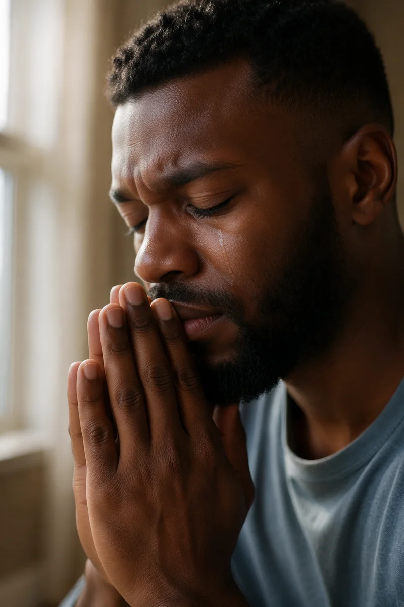 Tearful Young Man in Close Prayer