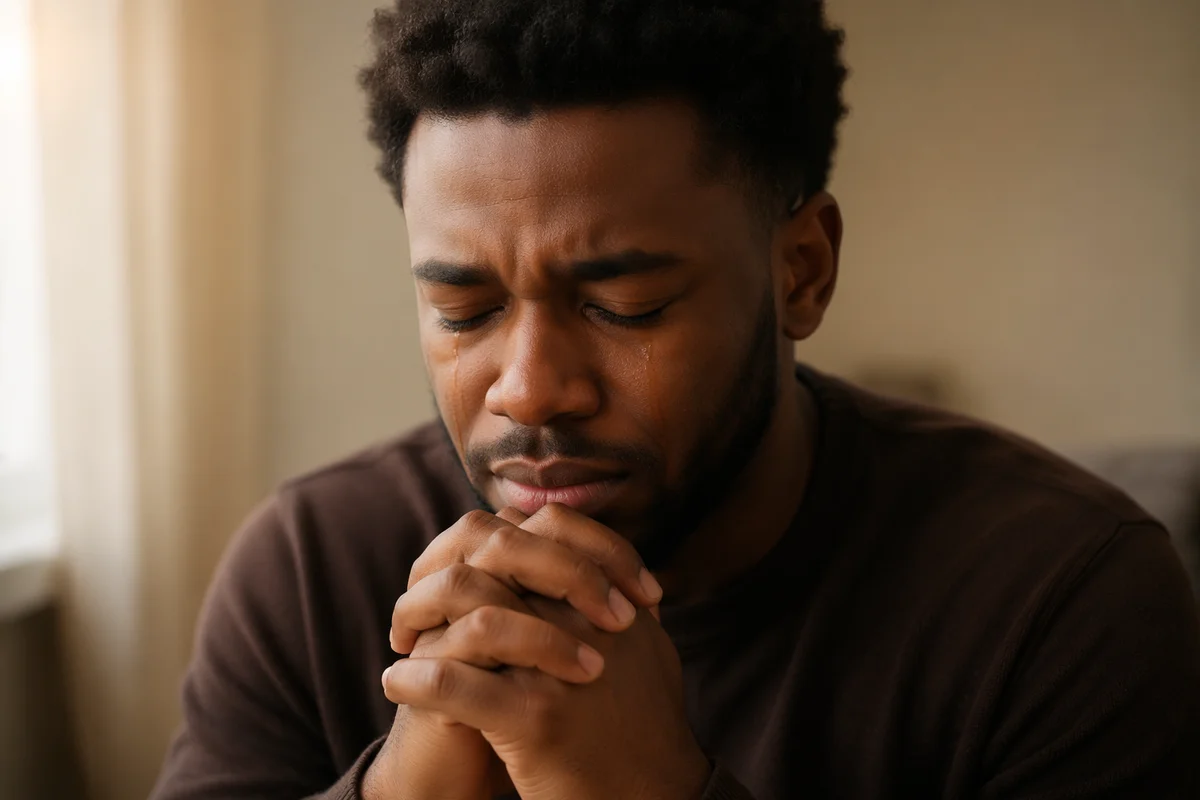Tearful Young Man in Quiet Prayer