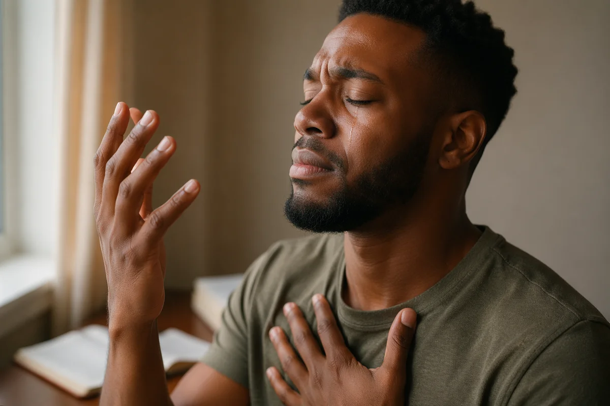 Tearful Young Man Praying by Window