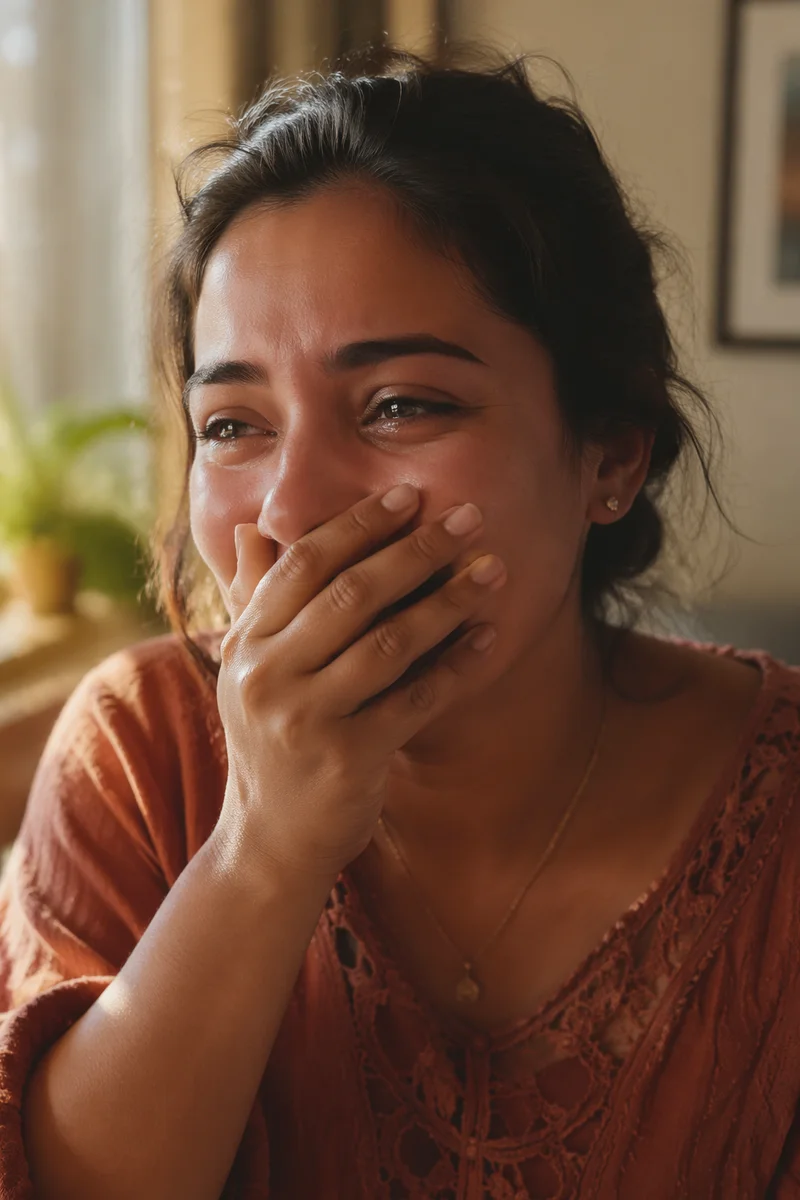 Joyful Tearful Woman by Sunlit Window