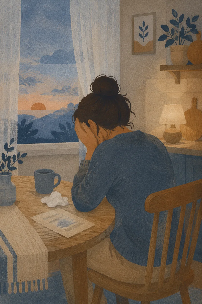 Overwhelmed Person Praying at Dawn Table