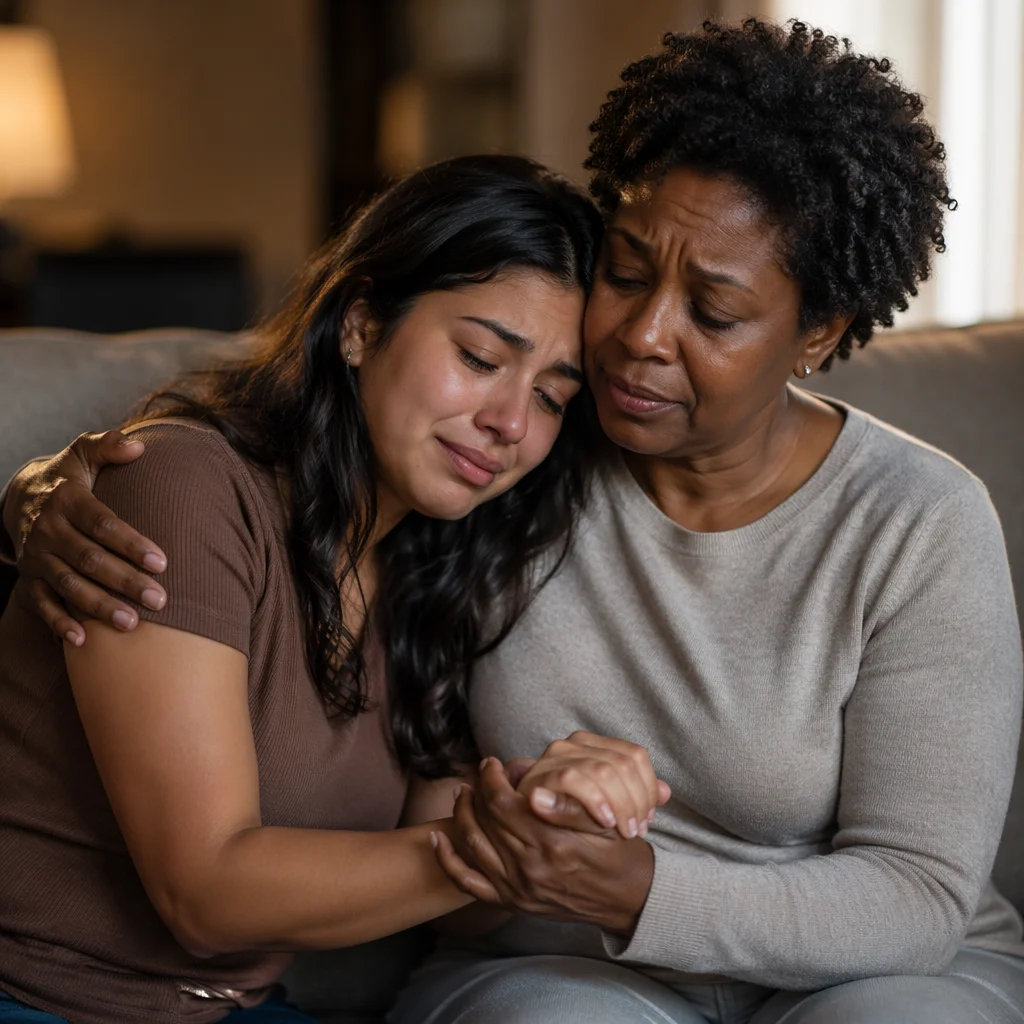 Tearful Woman Comforted in Warm Living Room