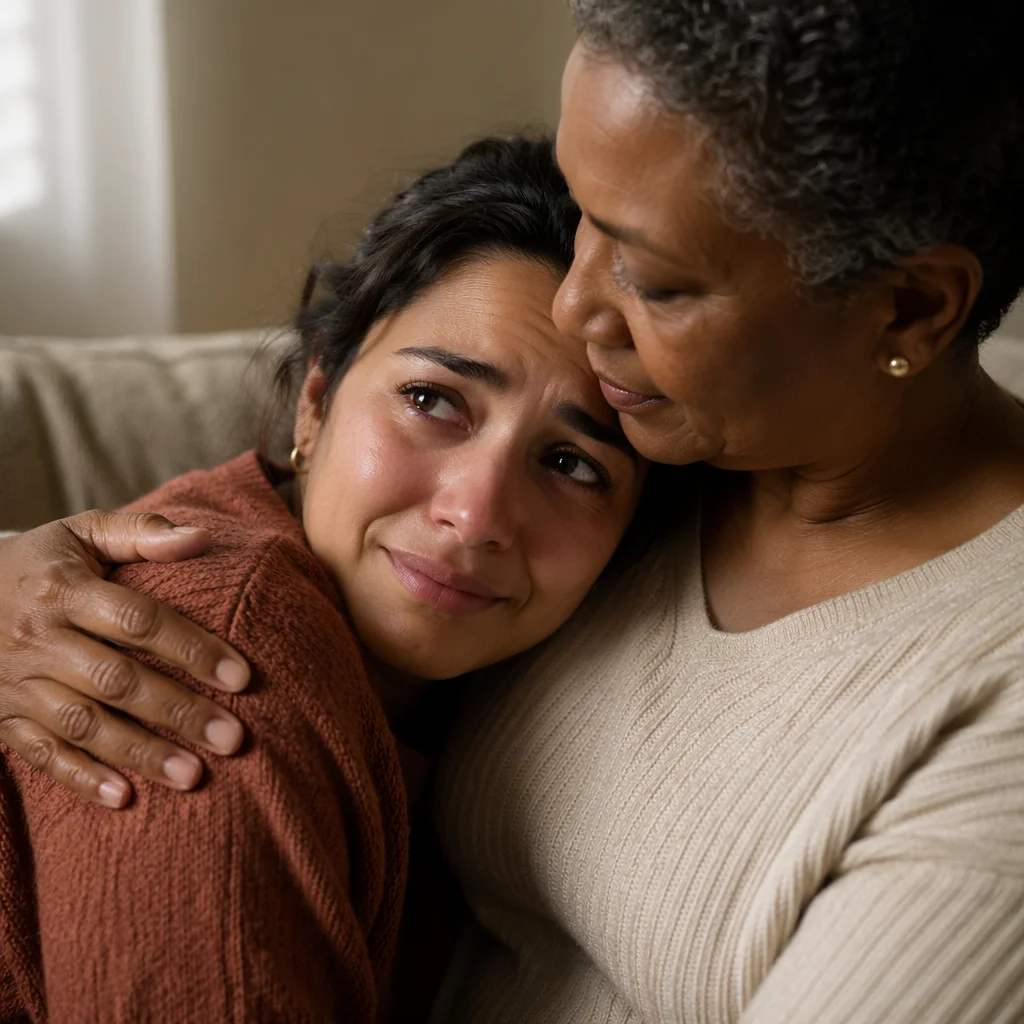 Tearful Woman Comforted in Warm Embrace