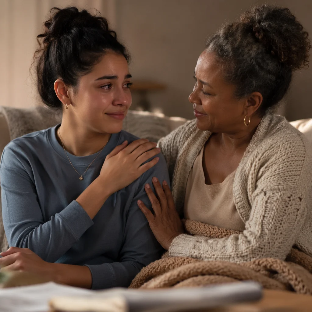 Tearful Woman Comforted in Living Room