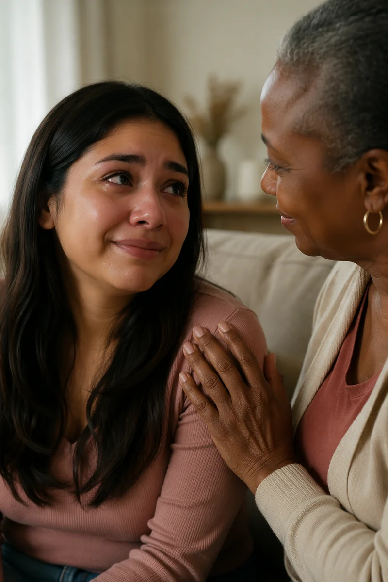 Tearful Young Woman Receiving Gentle Comfort
