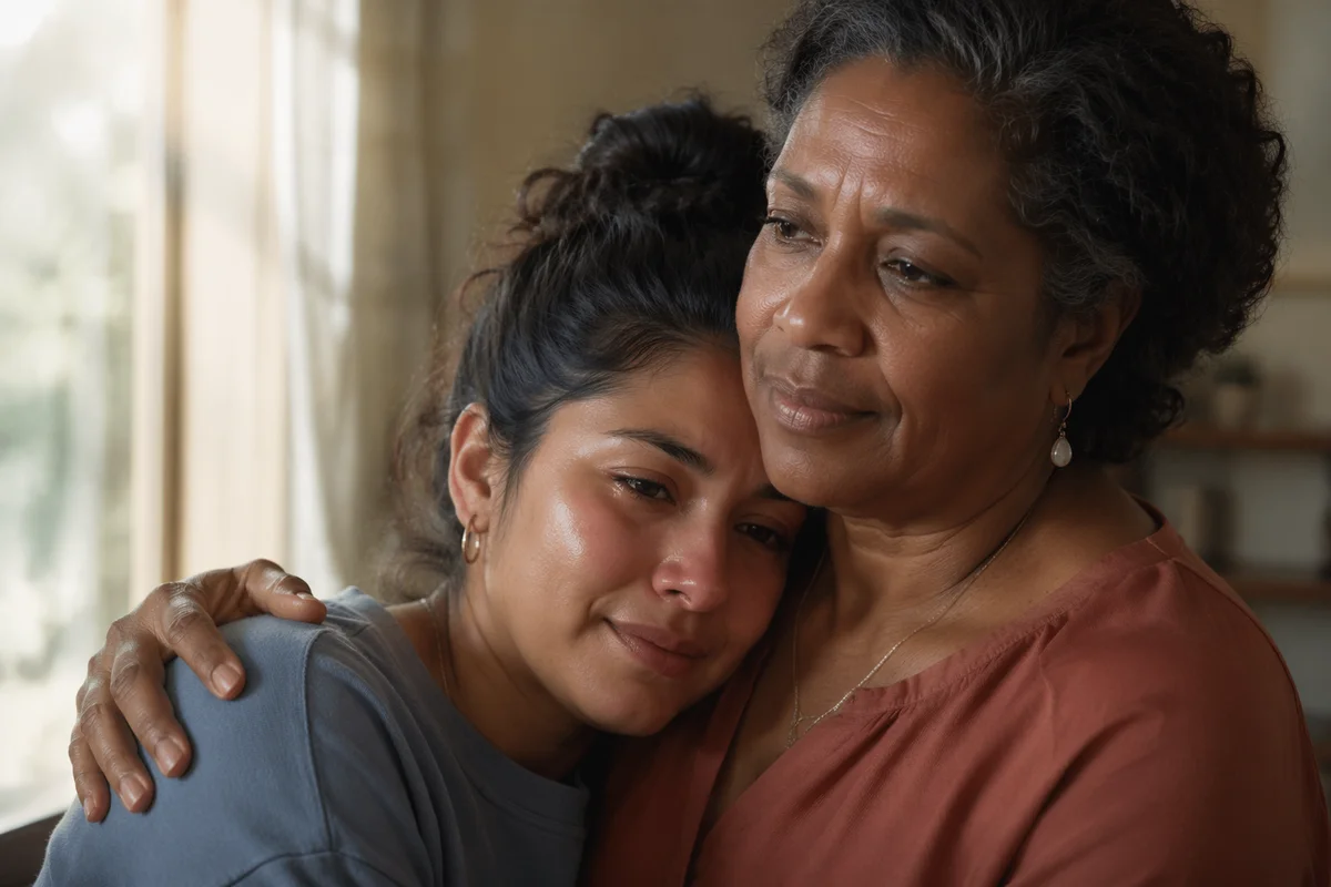 Tearful Young Woman Receiving Comforting Embrace