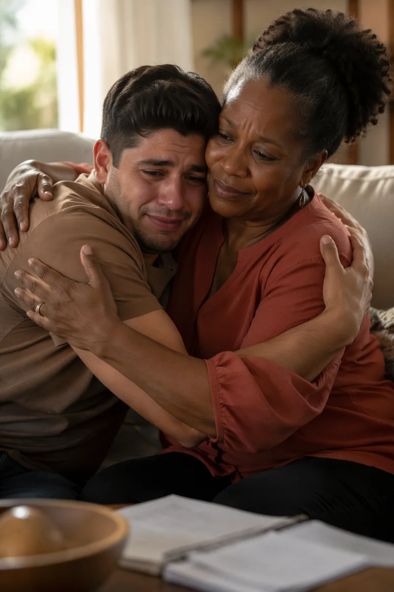 Emotional Embrace in Quiet Living Room
