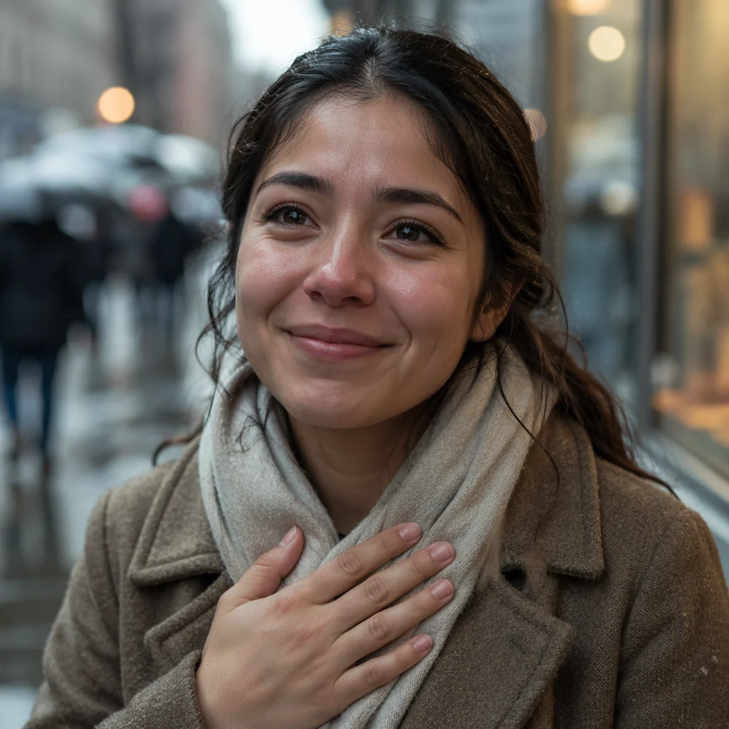 Grateful Woman on Rainy City Sidewalk