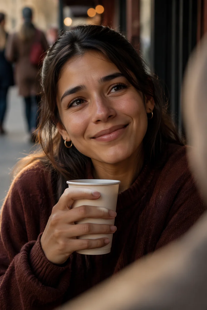 Grateful Woman Smiling at Sidewalk Café