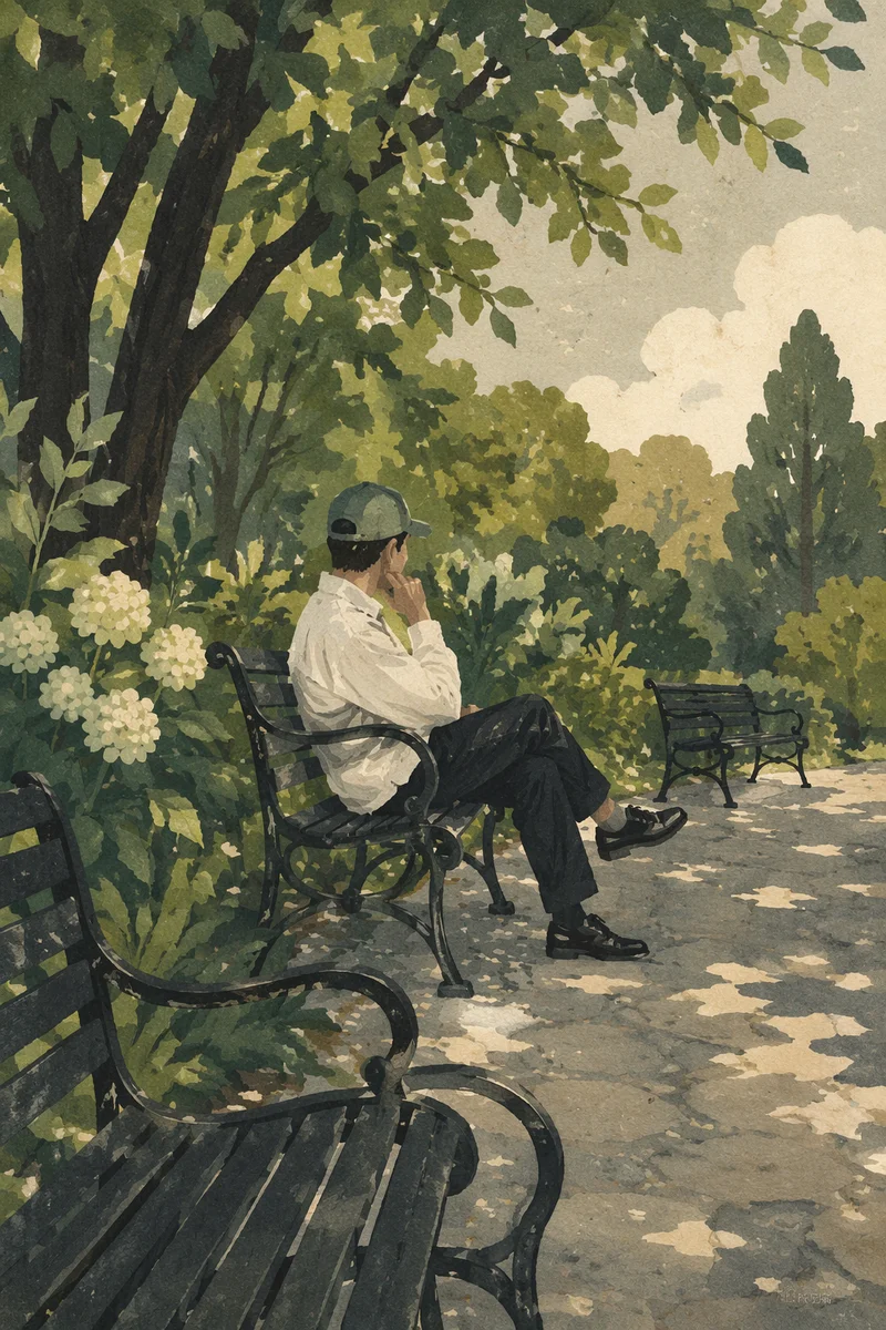 Solitary Reflection on Park Bench