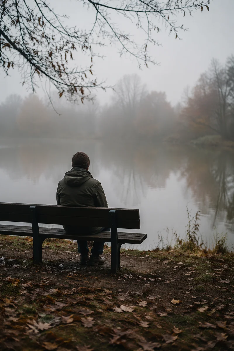 Solitary Bench Reflection by Misty Pond