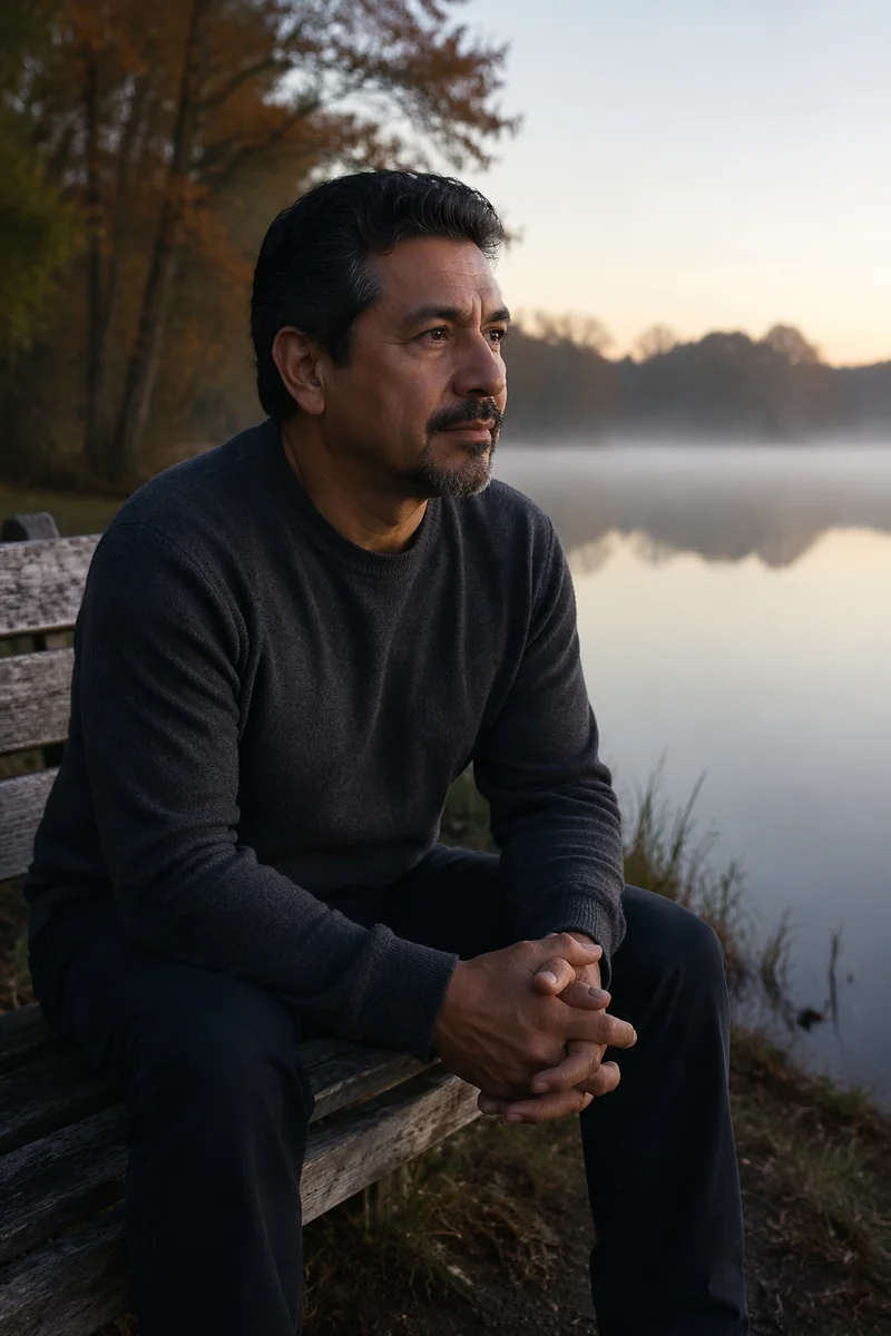 Solitary Man on Bench by Lake