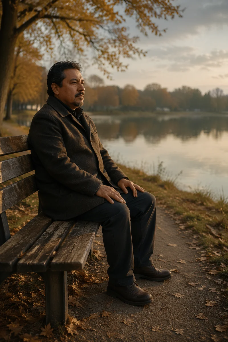 Man Sitting Alone by Lakeside Bench