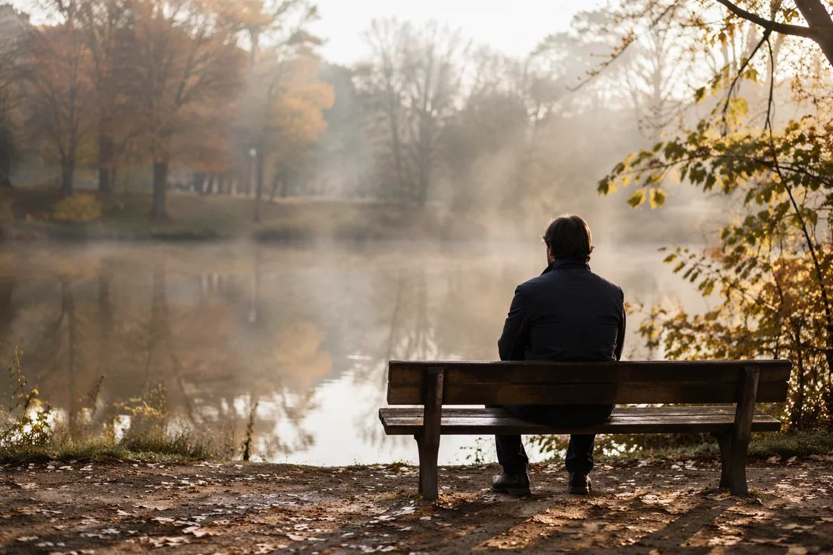 Solitary Bench Reflection by Autumn Pond