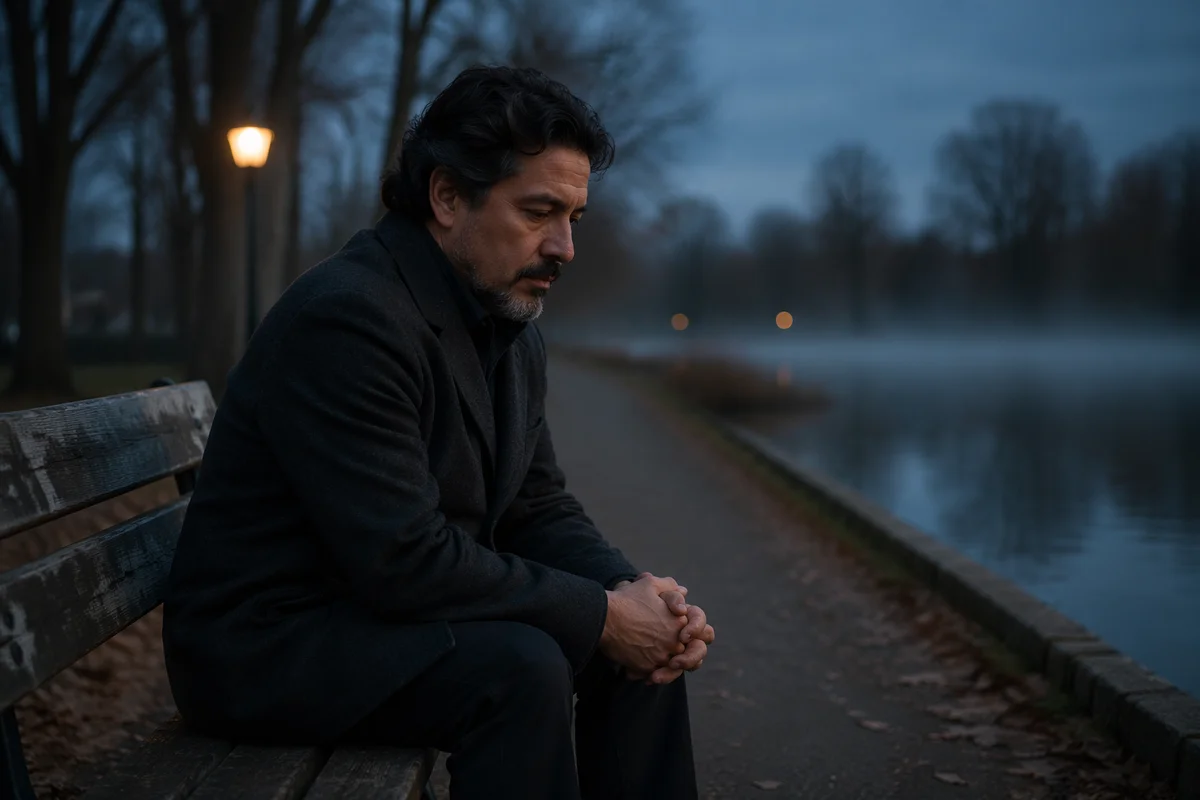 Man Sitting Alone by Lakeside Bench
