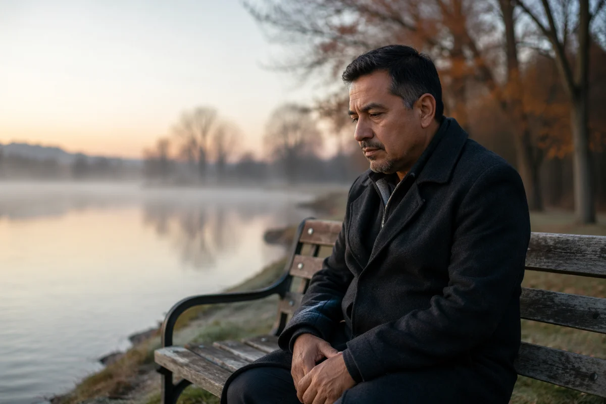 Solitary Man on Bench by Lake