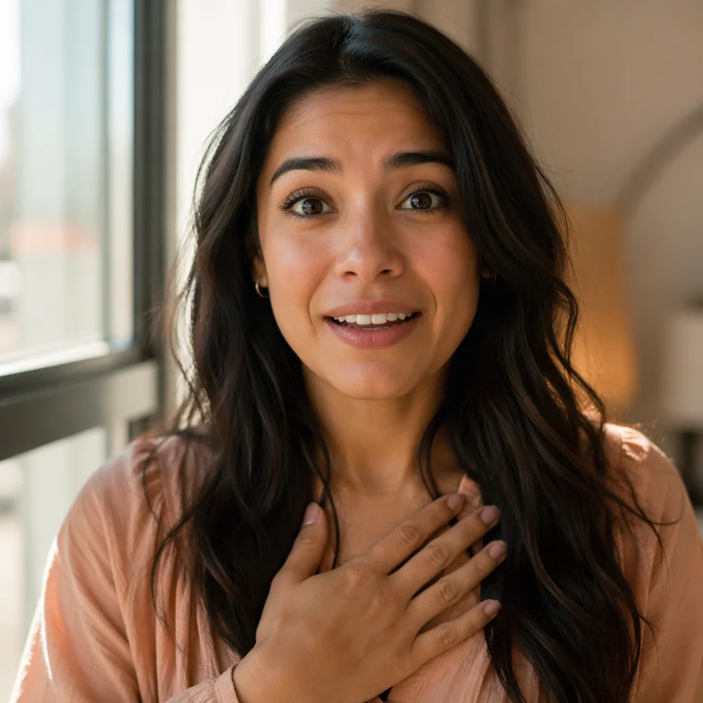 Surprised Grateful Woman by Sunlit Window