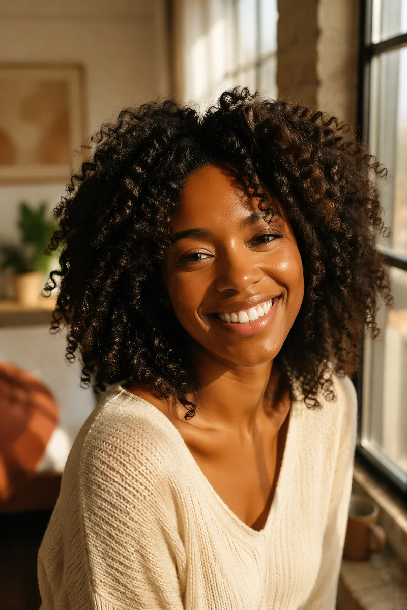 Joyful Close Up Portrait with Curly Hair