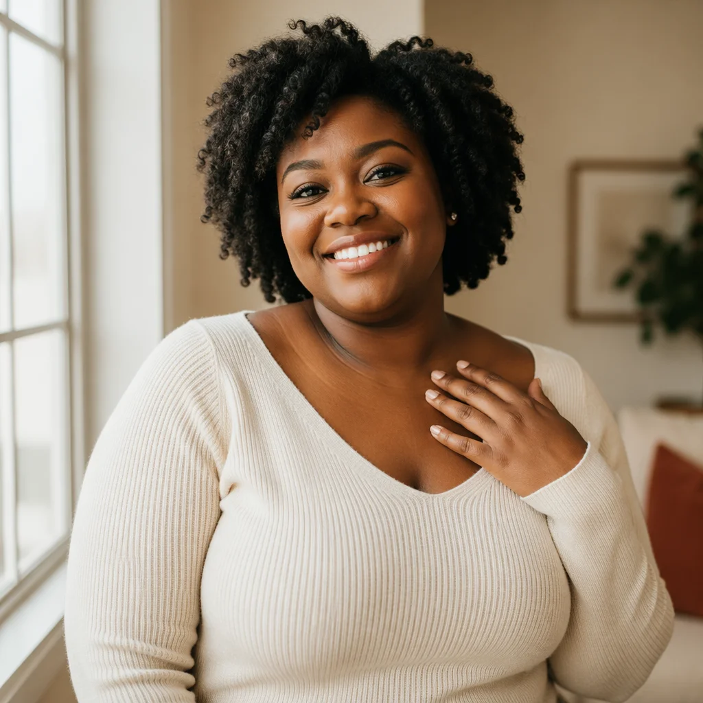 Confident Smiling Woman by Window Portrait