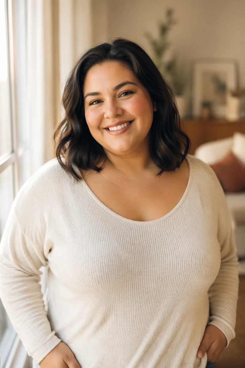 Confident Smiling Woman by Window Portrait