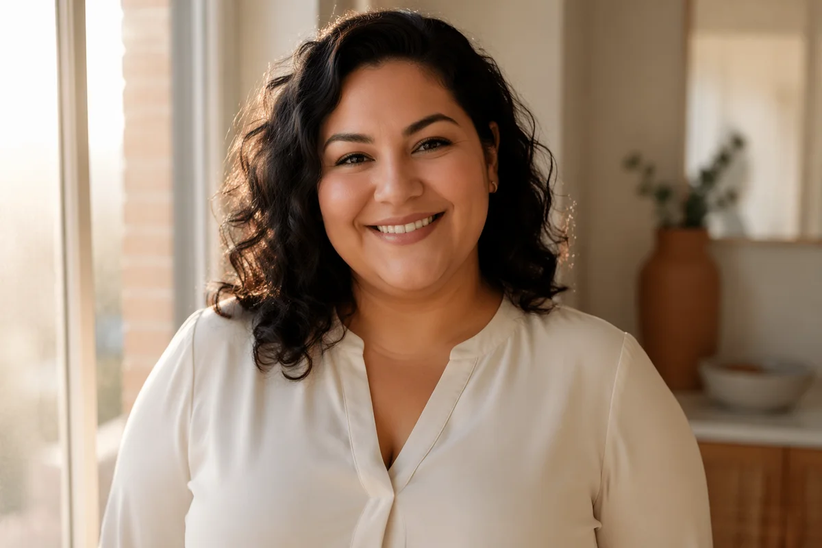 Confident Smiling Woman by Window Portrait