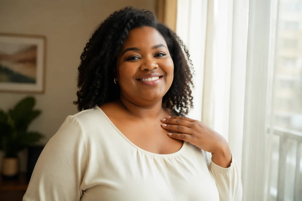 Confident Smiling Woman by Apartment Window