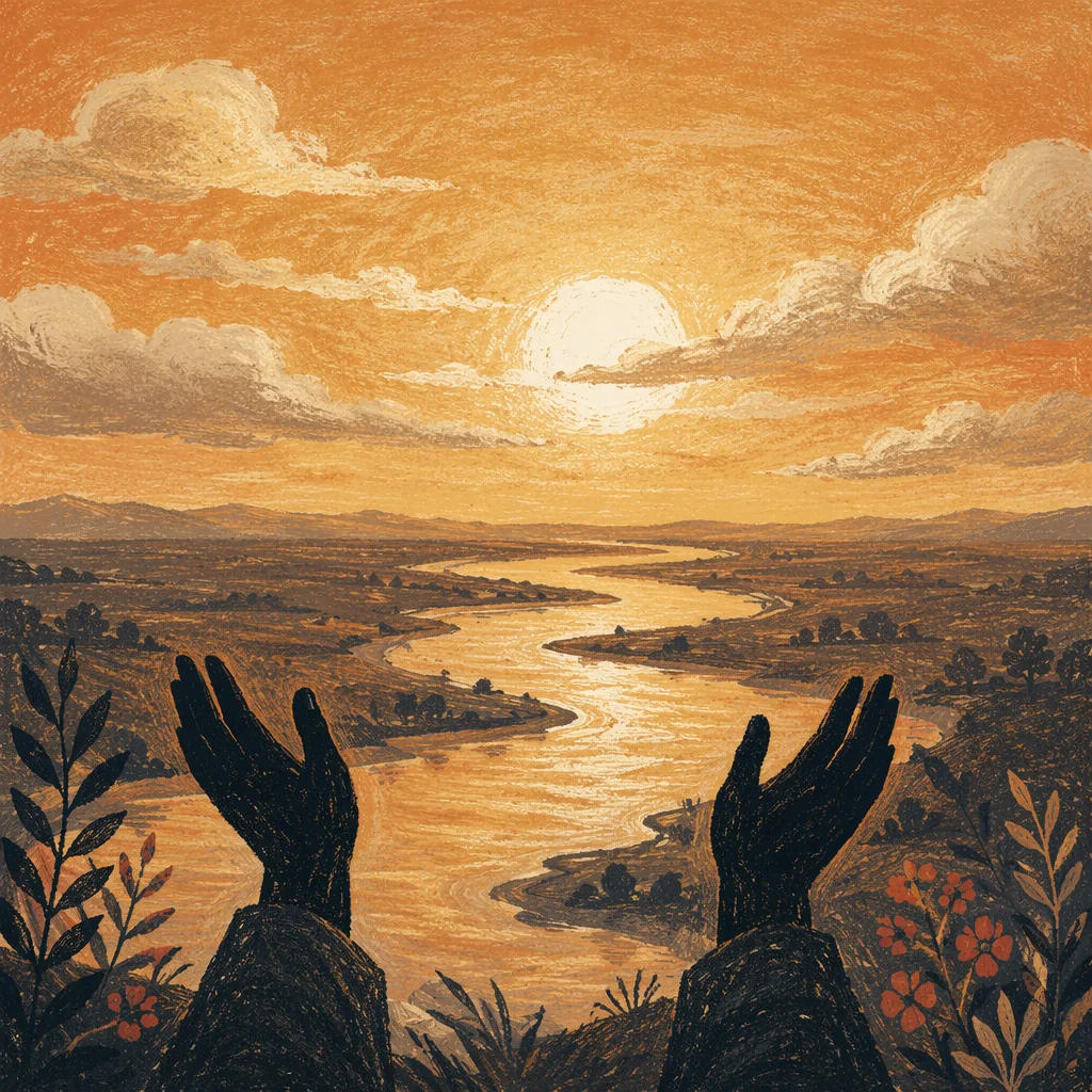 Praise Hands Over Golden Sunset River