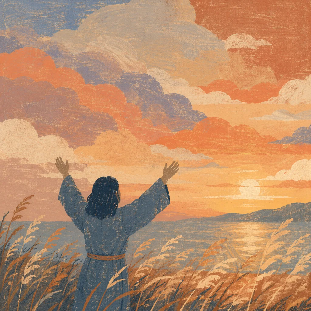 Silhouetted Figure with Raised Hands at Sunset