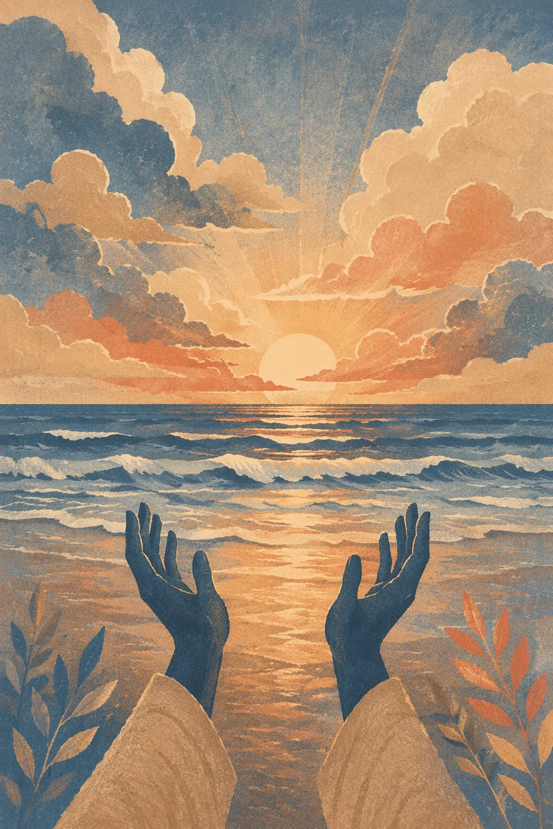 Praise Hands Over Golden Sunset Ocean
