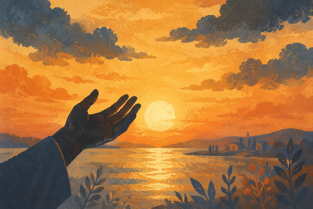 Praise Hand Silhouette Over Golden Sunset Water