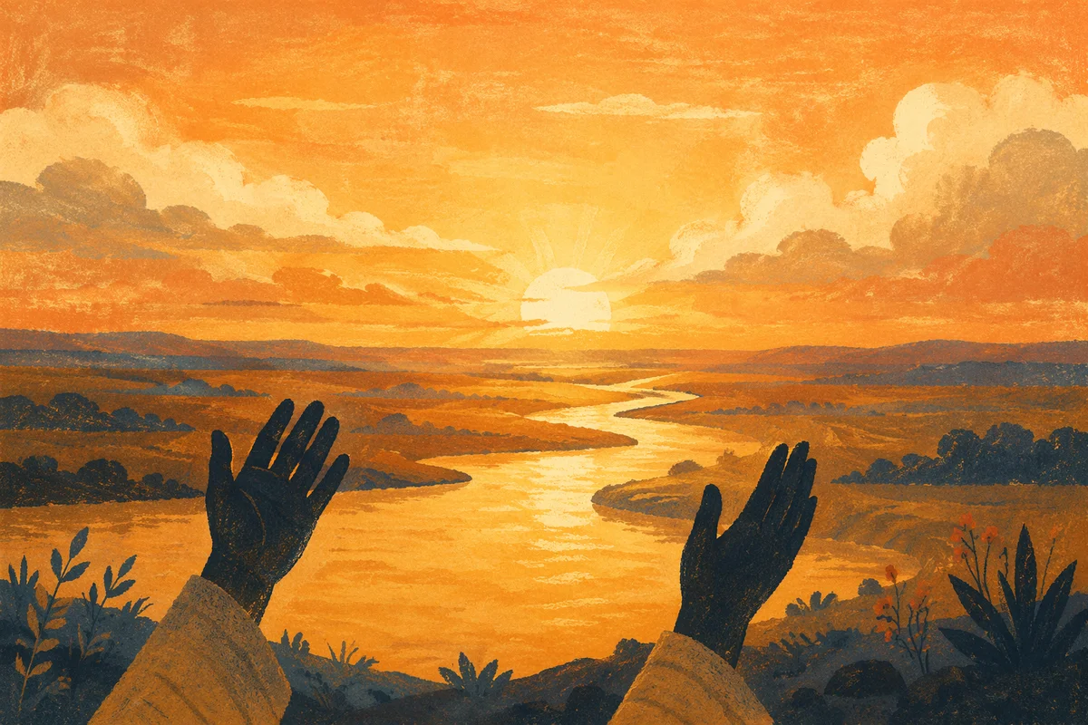 Praise Hands Over Golden Sunset River