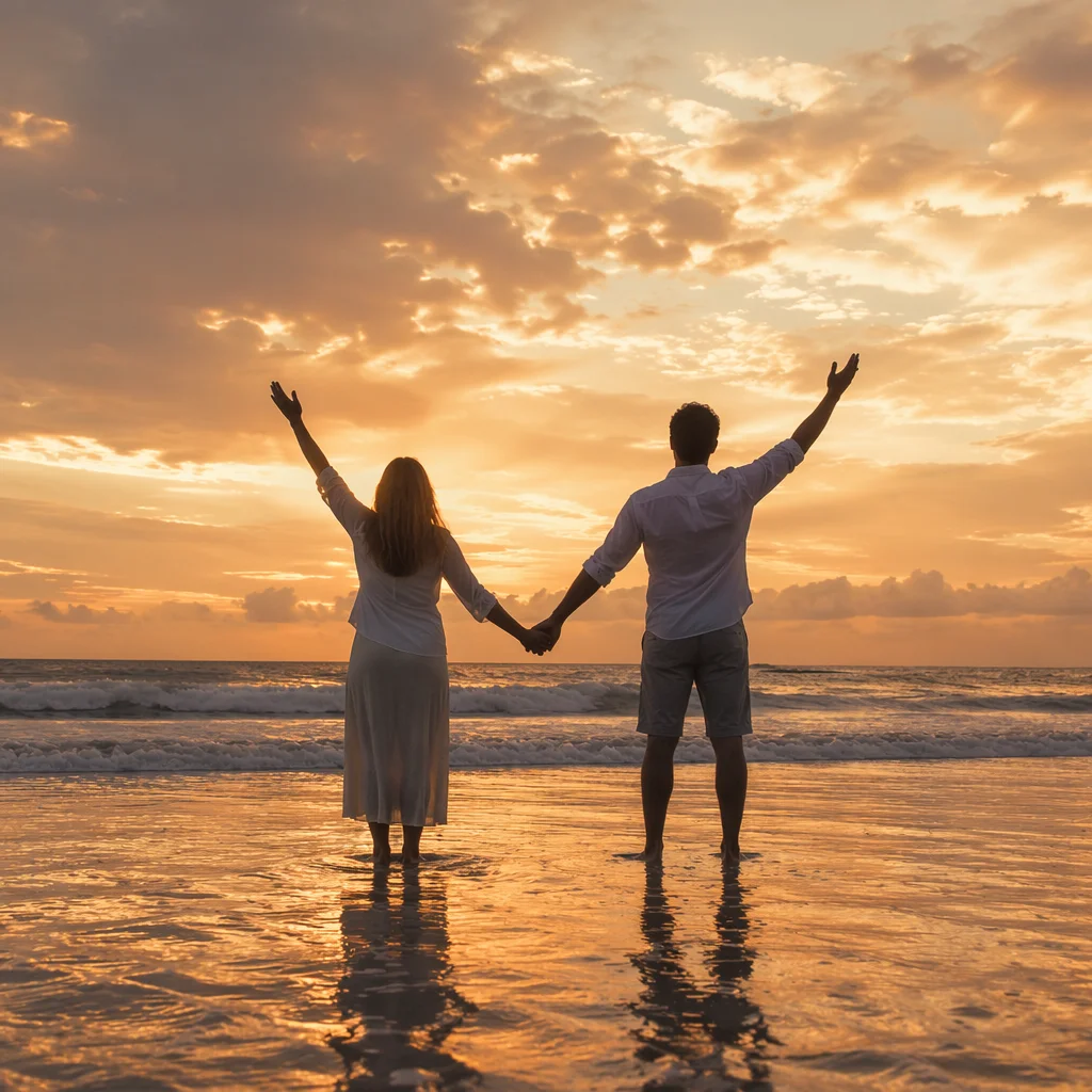 Praise Hands Lifted at Golden Shoreline