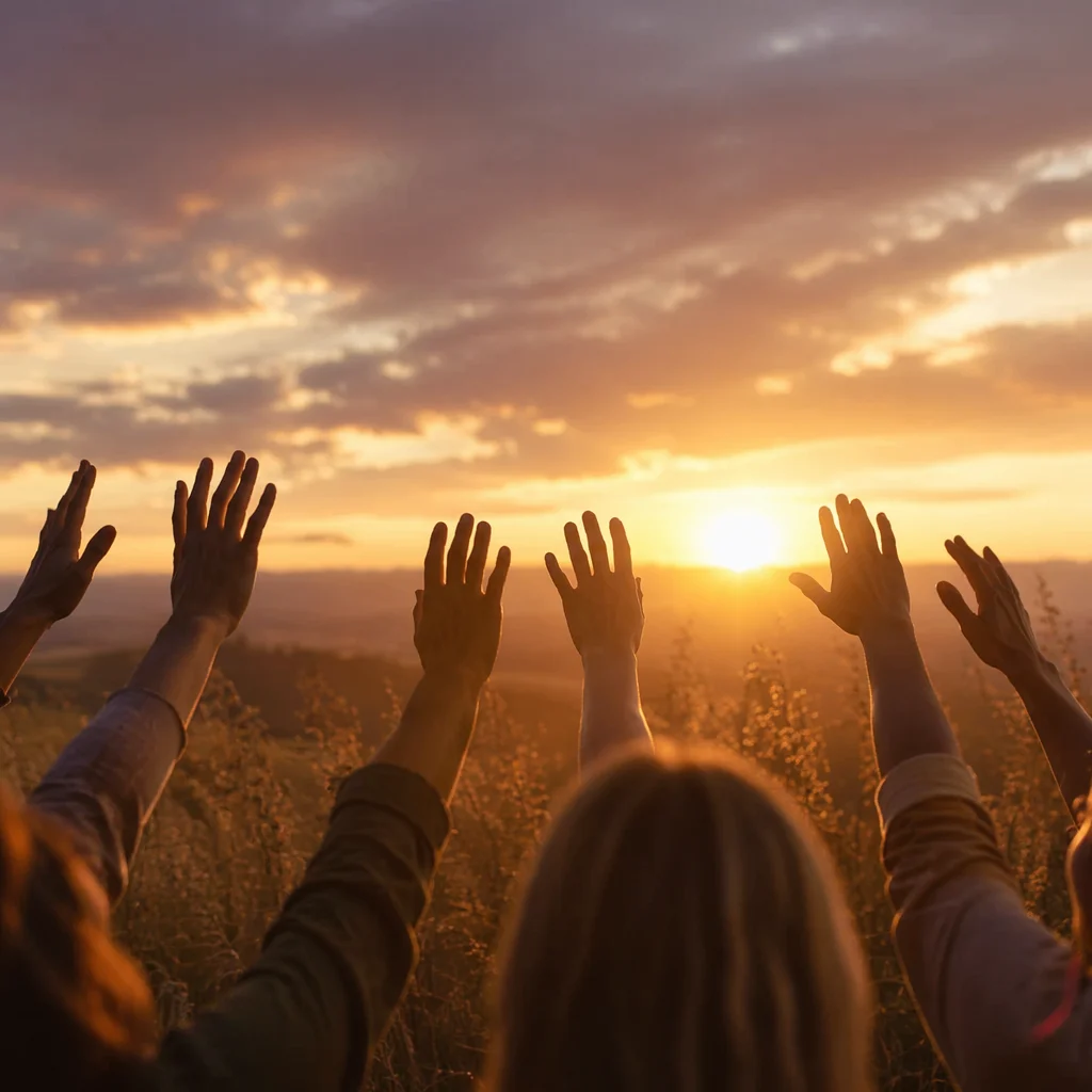 Raised Praise Hands Under Golden Sunset