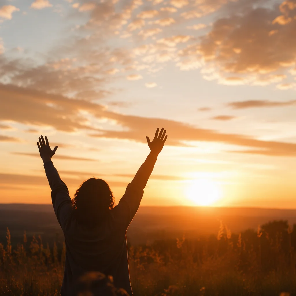 Praise Hands Raised in Golden Sunset