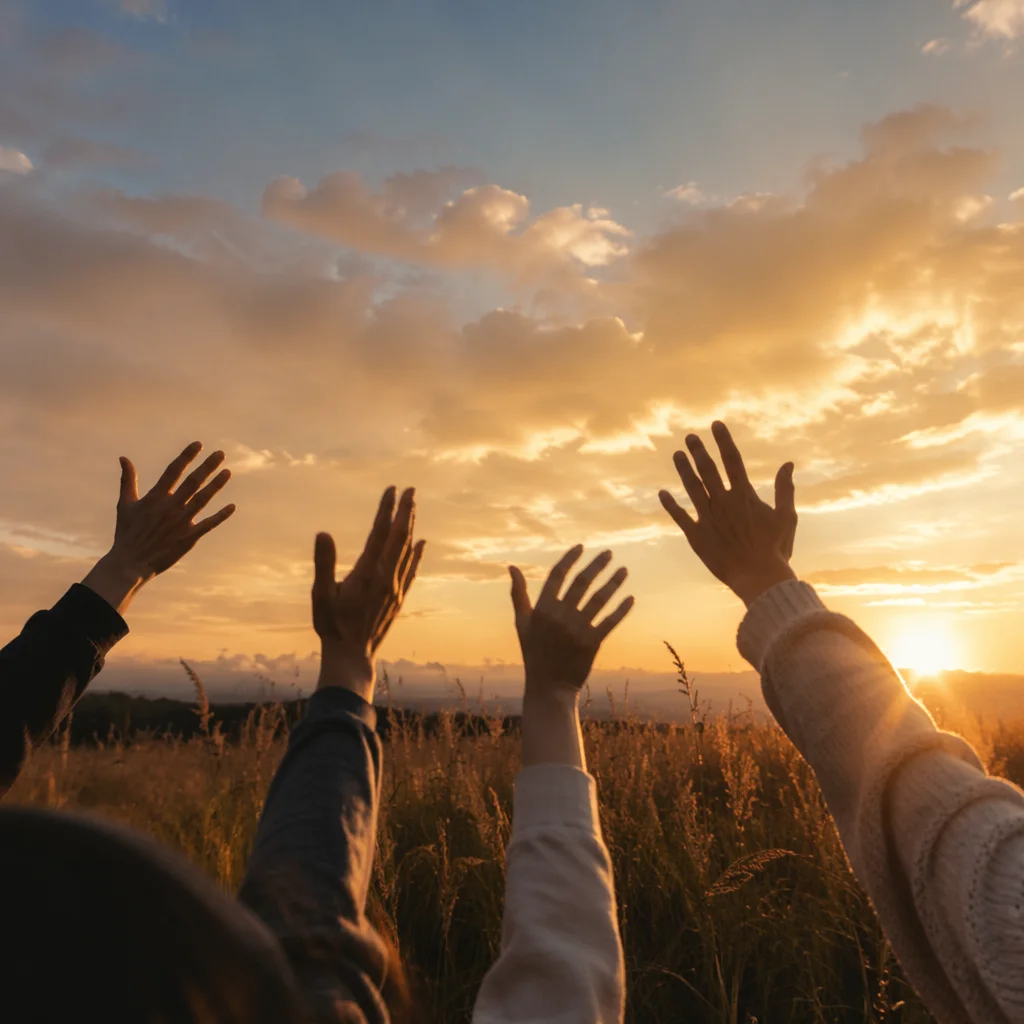 Hands Lifted in Golden Sunset Praise