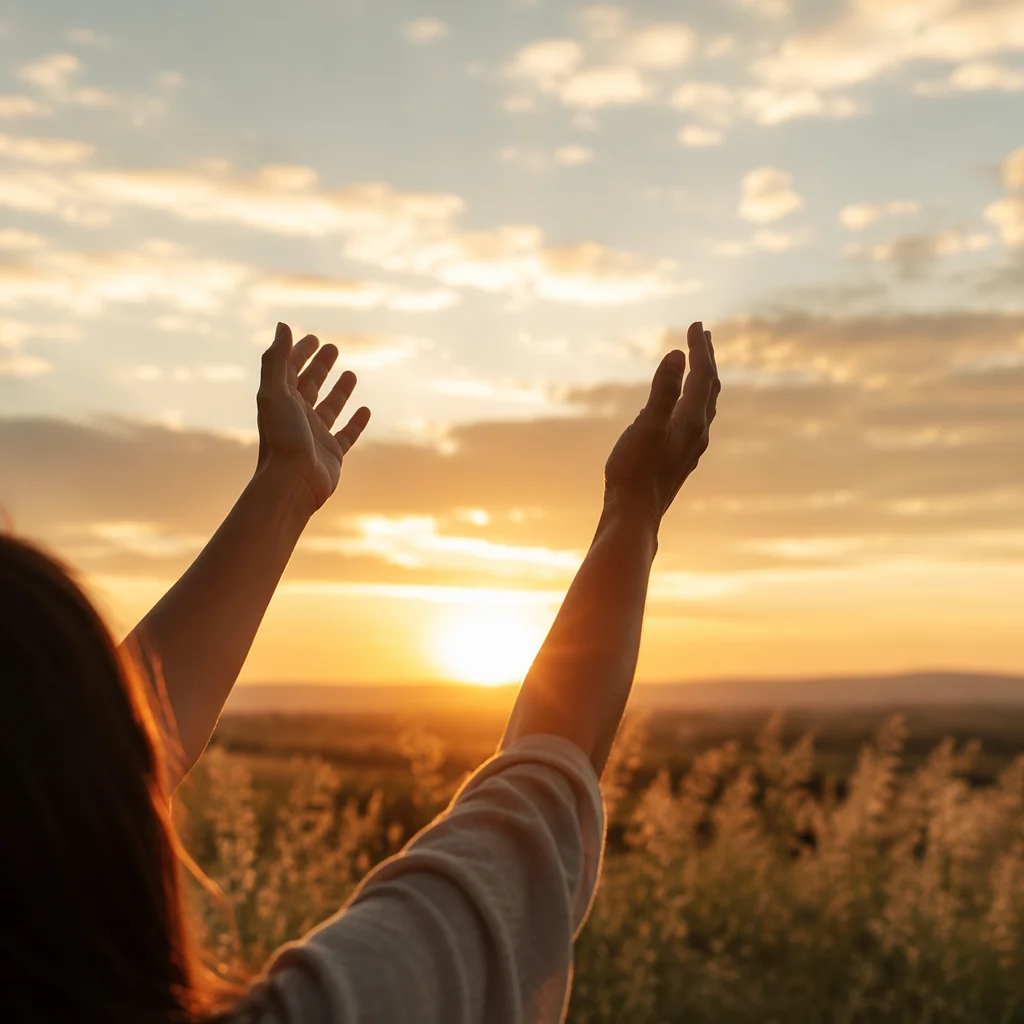 Praise Hands Lifted in Golden Sunset