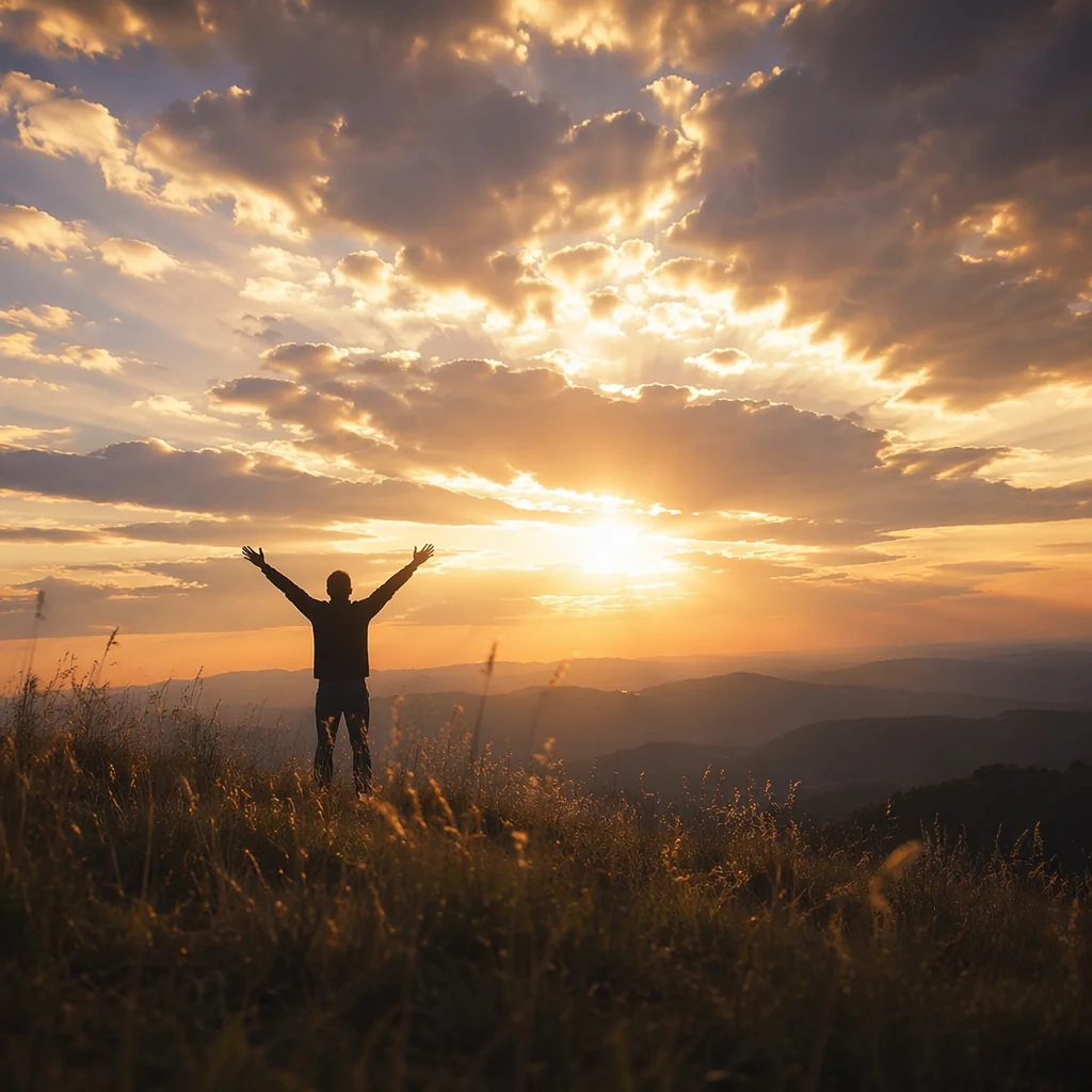 Silhouetted Praise Hands Under Golden Sunset