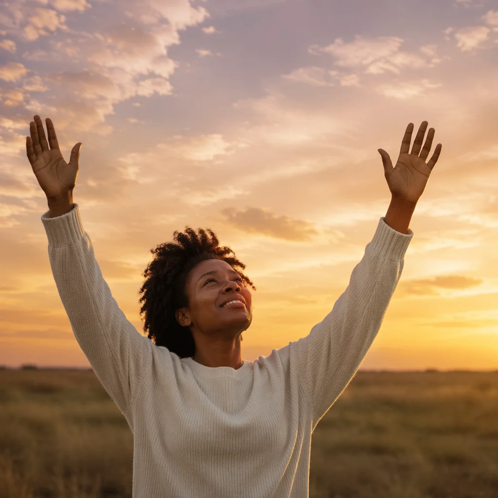 Woman Raising Hands at Golden Sunset