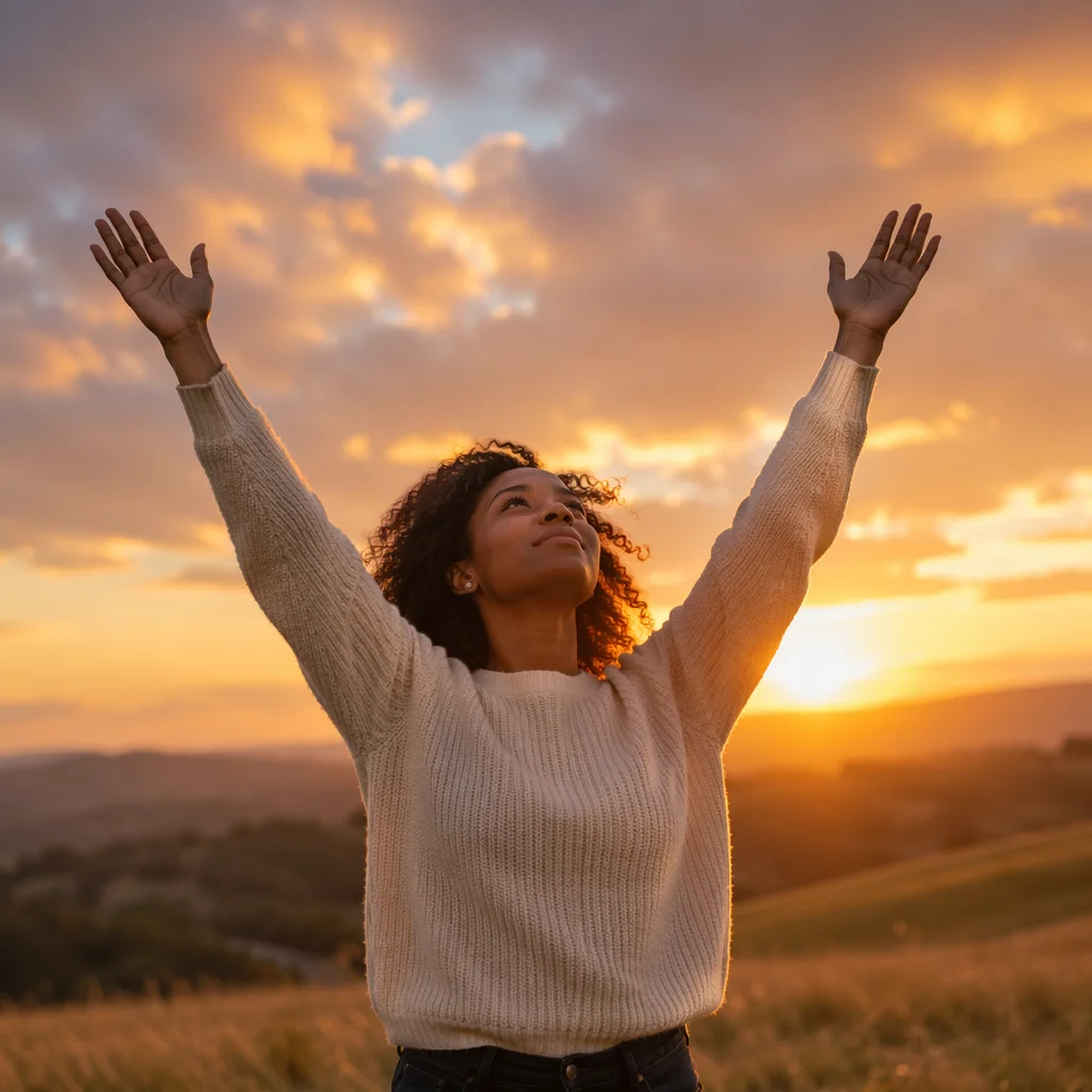 Woman Raising Hands at Sunset Sky