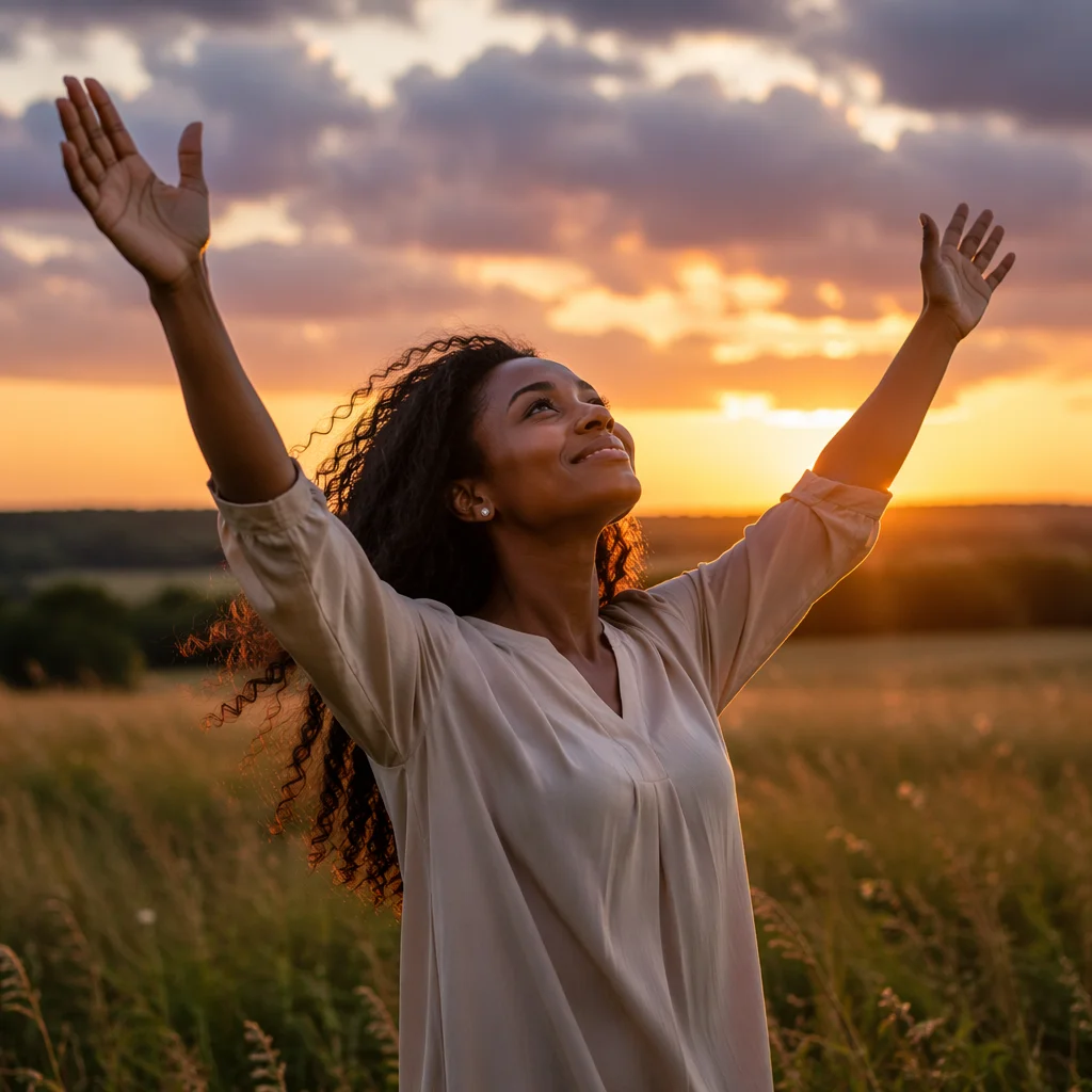 Woman Raising Hands at Sunset Meadow