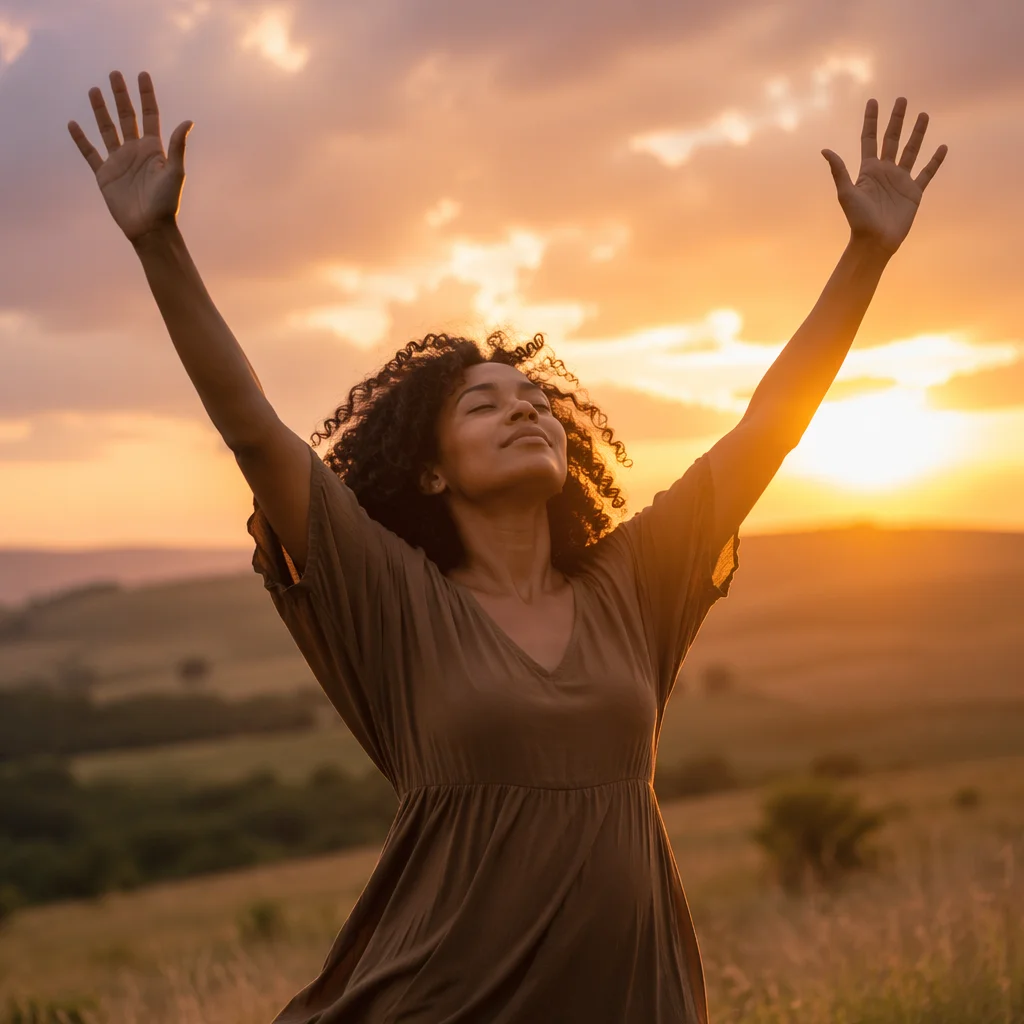 Woman with Raised Hands at Sunset