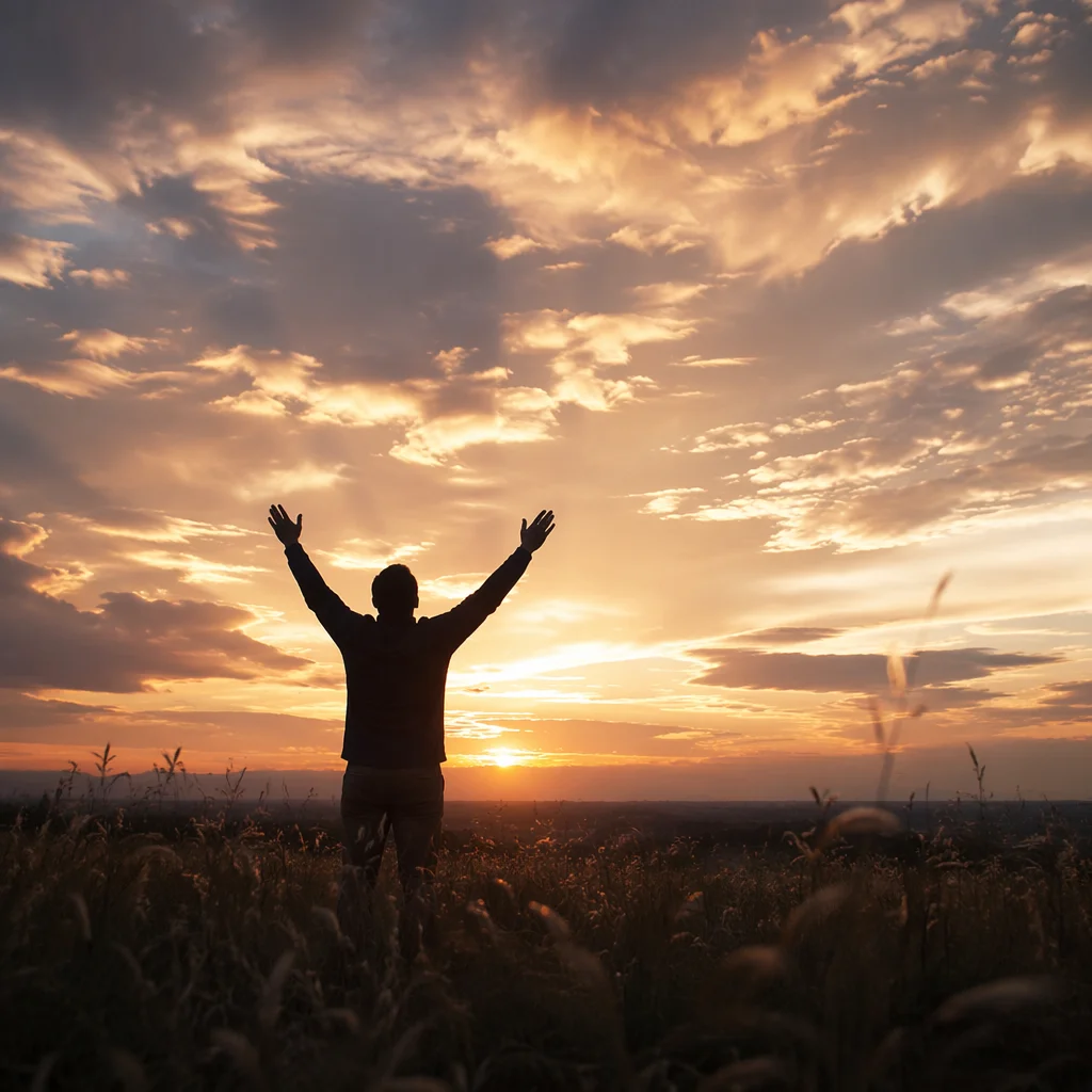 Praise Hands Lifted Under Golden Sunset Sky