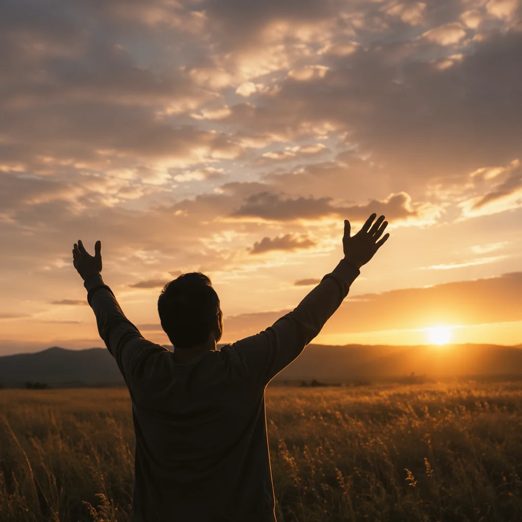 Silhouetted Figure Raising Hands at Sunset