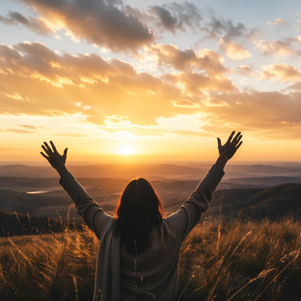 Praise Hands Lifted at Golden Sunset