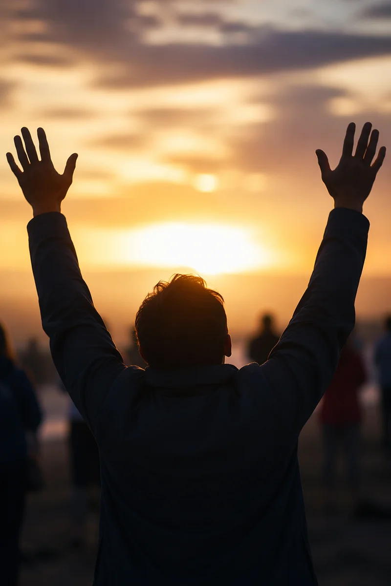 Raised Hands in Golden Sunset Praise